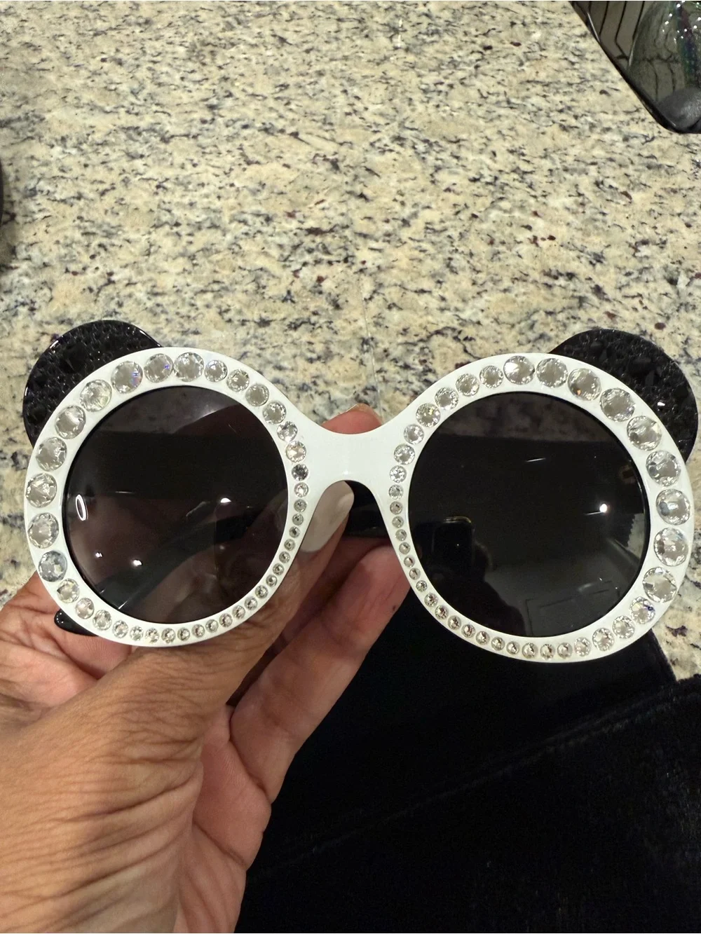 Dolce and Gabbana Panda White Rhinestone Round Sunglasses with Black Lenses
